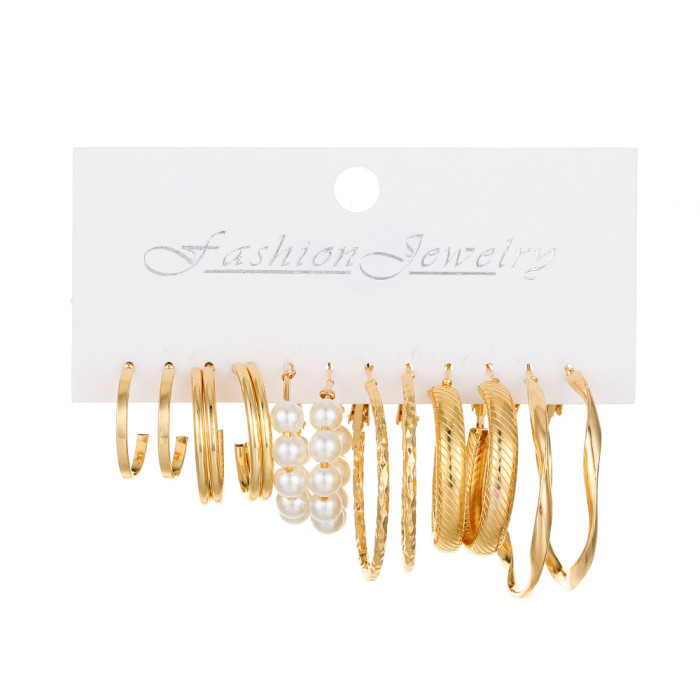 Vintage Hoop Pearl Earrings Set for Women Geometric Metal Twist Earring Fashion Jewelry Gifts 2024