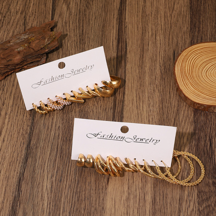 Vintage Hoop Pearl Earrings Set for Women Geometric Metal Twist Earring Fashion Jewelry Gifts 2024