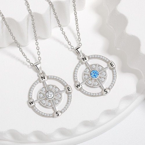 Classic Refined Compass Pendant Necklace for Women White Gold Small Compass Necklace Zirconia Fine Jewelry Birthday Gift