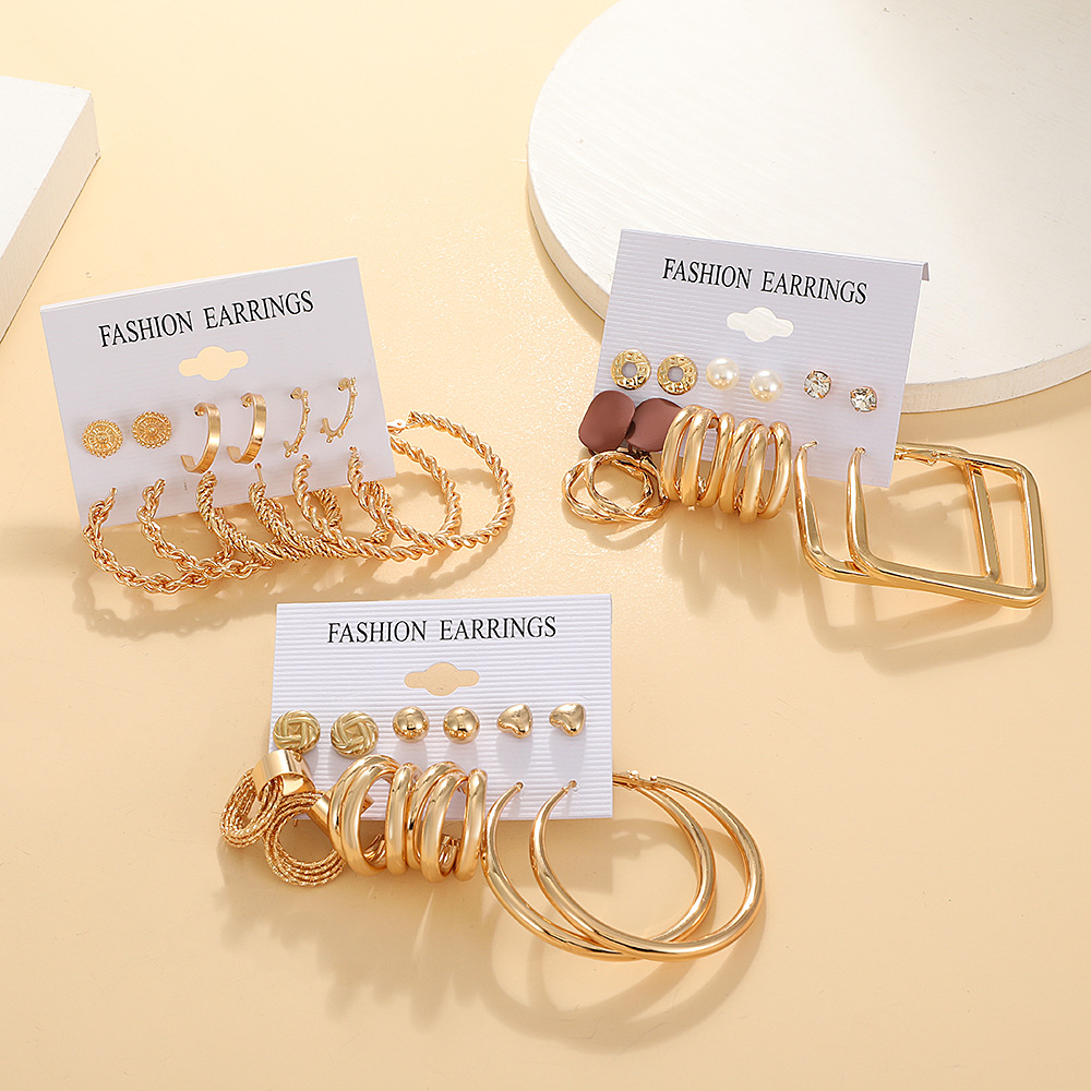 Gold Color Vintage Hoop Earrings Set For Women Boho Pearl Geometric Metal Twist Earring Fashion Jewelry Gifts 2024 216045260928