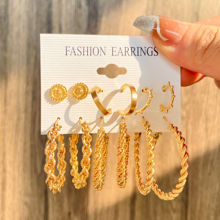 Gold Color Vintage Hoop Earrings Set for Women Boho Pearl Geometric Metal Twist Earring Fashion Jewelry Gifts 2024