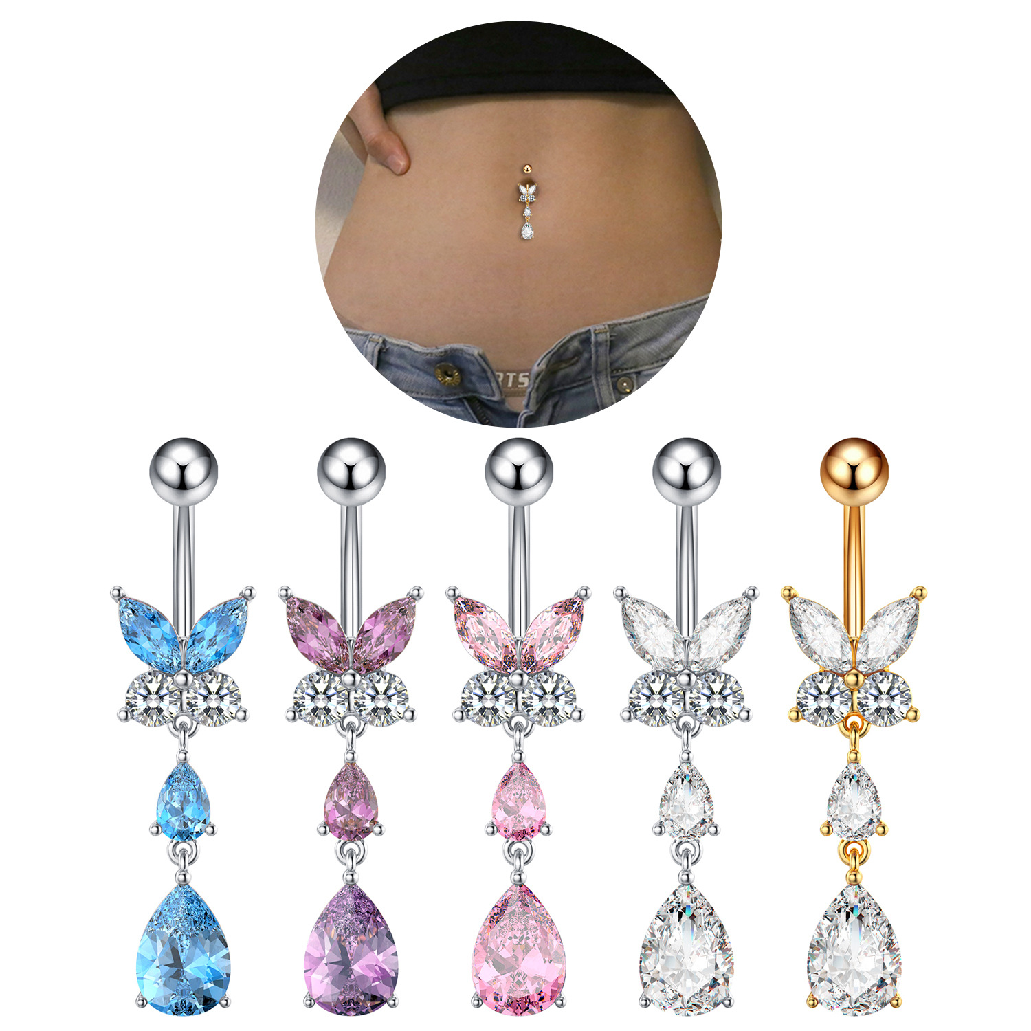 Chic Zircon Butterfly Belly Button Rings Stainless Steel Navel Button Piercing Body Belly Piercing Jewelry 216045266832