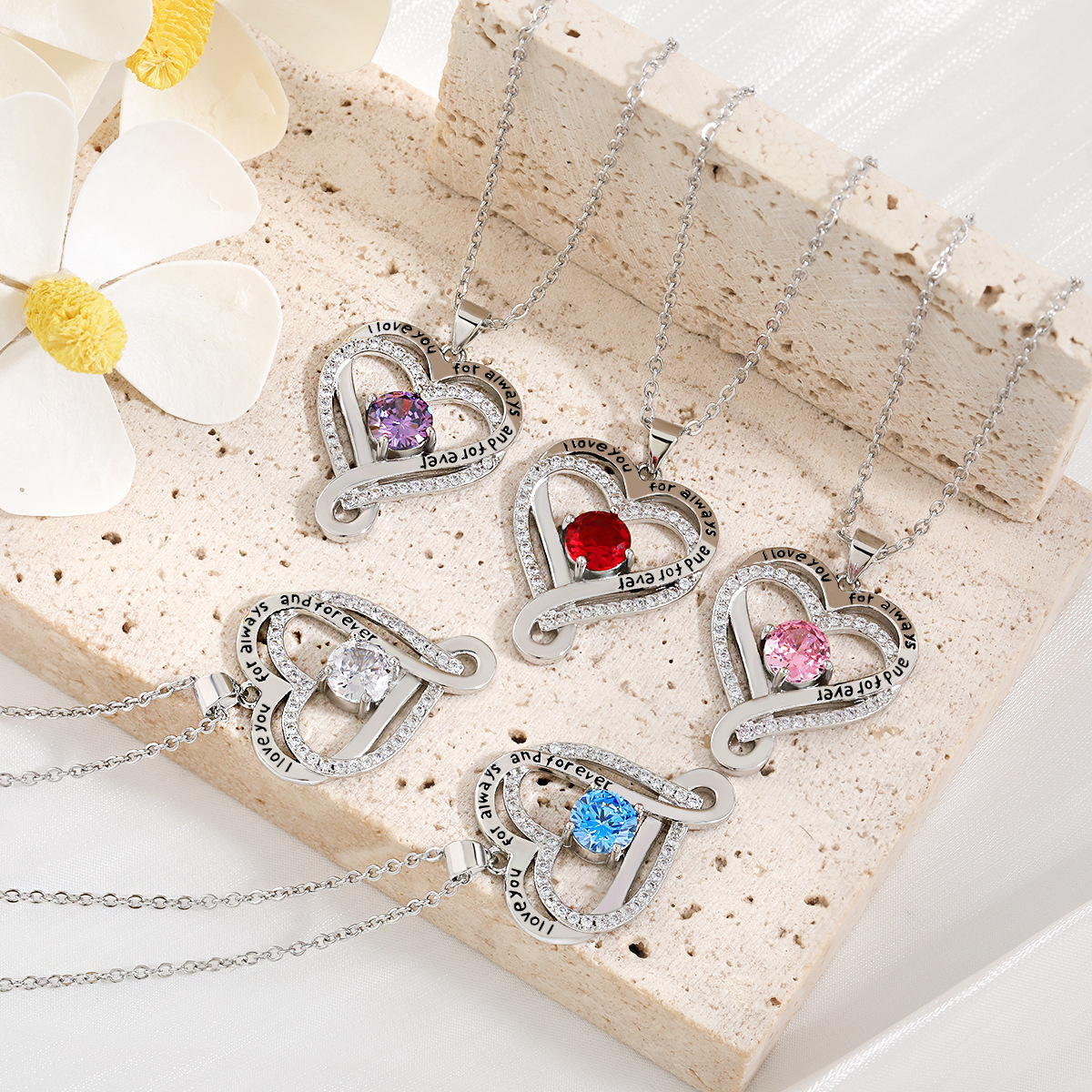 Elegant Women Double Heart Necklace Crystal Stone Series Love Necklace Trendy Party Festival Casual Jewelry Gift 216045270276