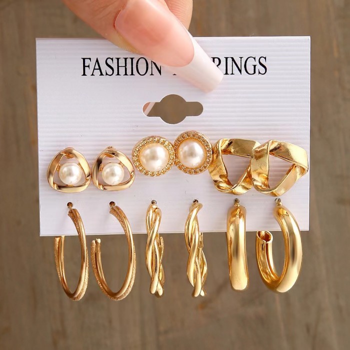 Gold Color Vintage Hoop Earrings Set for Women Boho Pearl Geometric Metal Twist Earring Fashion Jewelry Gifts 2024, J...