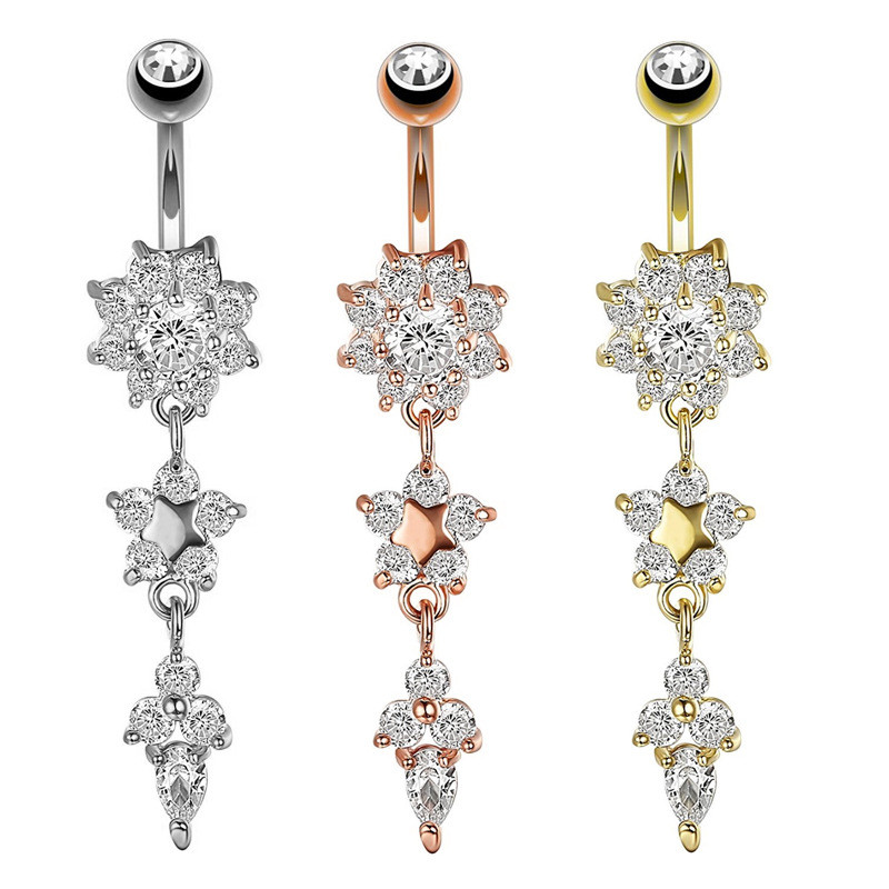 Hypoallergenic Gold Color Stainless Steel Belly Button Ring Long Dangled Flower CZ Crystal Navel Belly Piercing Rings for Women