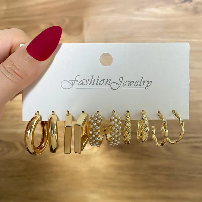 Gold Color Vintage Hoop Earrings Set for Women Boho Pearl Geometric Metal Twist Earring Fashion Jewelry Gifts 2024, J...