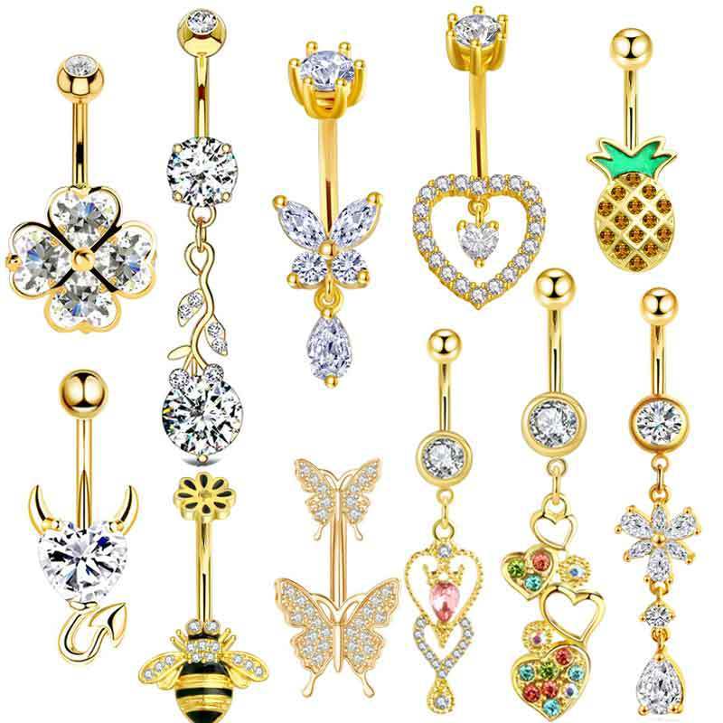 Chic Gold Color Tassel Dangled Belly Button Ring Stainless Steel Flower Butterfly Bee Crystal Belly Piercing Jewelry