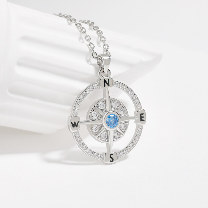 Classic Refined Compass Pendant Necklace for Women White Gold Small Compass Necklace Zirconia Fine Jewelry Birthday Gift