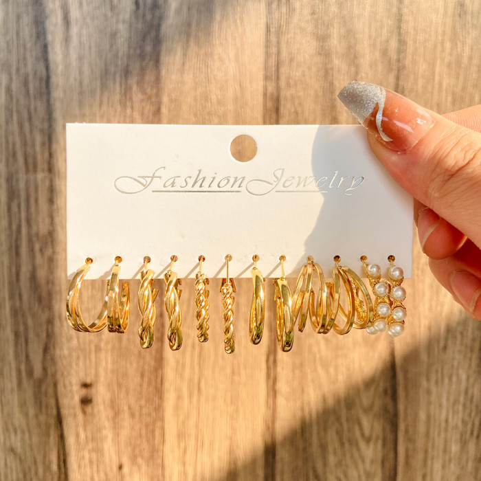 Gold Color Vintage Hoop Earrings Set for Women Boho Pearl Geometric Metal Twist Earring Fashion Jewelry Gifts 2024, J...