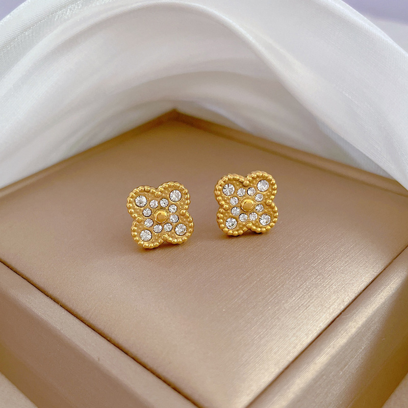 Classic Refined Full Of Zircon Lucky Grass Stud Earring For Women Stylish Trendy Party Festival Casual Jewelry Gift 216045244200
