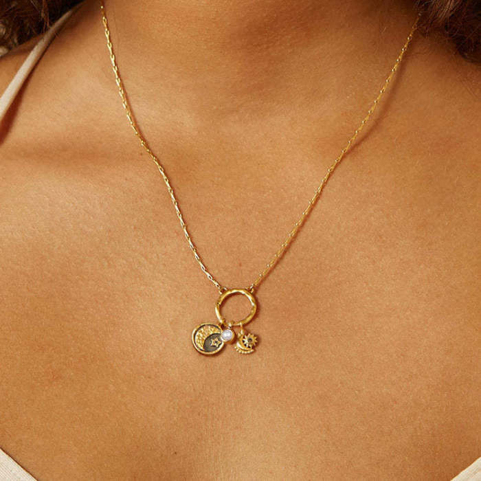 18K Gold Plated Stainless Steel Pendant Necklace Sun Devil Eye Moon 12 Birthstone Necklace for Women