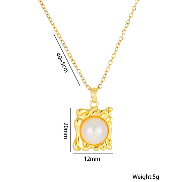 Classic Refined 18K Gold Plated Stainless Steel Pearl Square Pendant Necklace Trendy Party Festival Casual Jewelry Gift