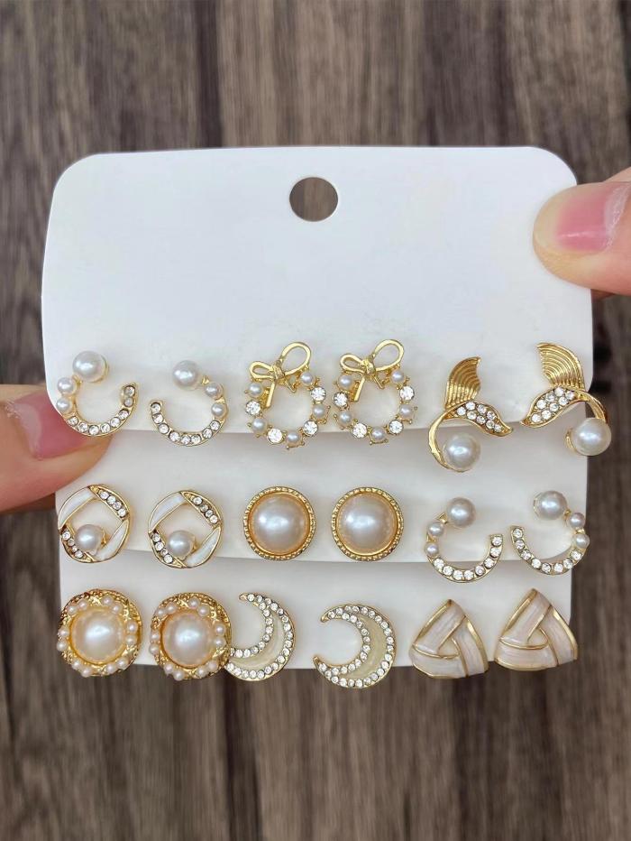 Vintage Geometry Pearl Earrings Set Metal Twine Square Dangle Earrings Round for Women Simple Trendy Party Jewelry, J...