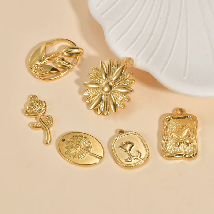 18K Gold Plated Rose Pendant Vintage Flowers Titanium Steel Accessories Pendant DIY Handmade Earrings Necklace