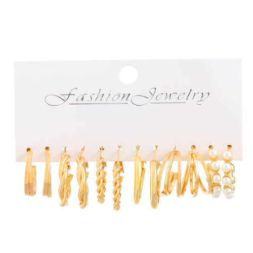 Vintage Geometry Pearl Earrings Set Metal Twine Square Dangle Earrings Round for Women Simple Trendy Party Jewelry