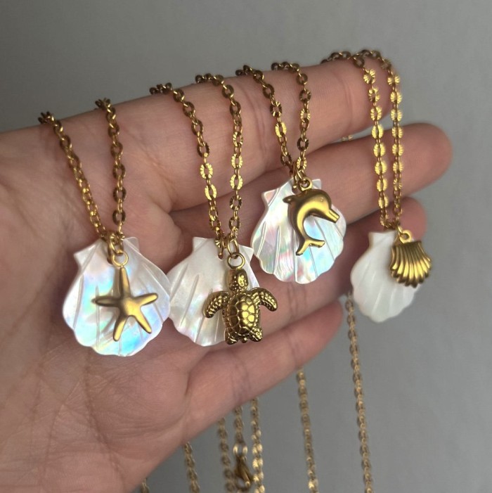18K Gold Plated Stainless Steel Natural Shell Beach Starfish Necklace Trendy Party Festival Casual Jewelry Gift