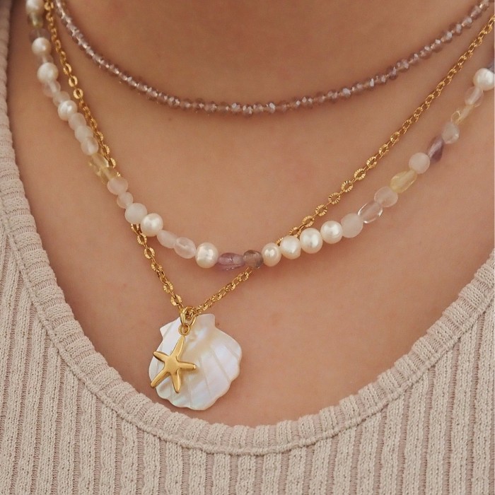 18K Gold Plated Stainless Steel Natural Shell Beach Starfish Necklace Trendy Party Festival Casual Jewelry Gift