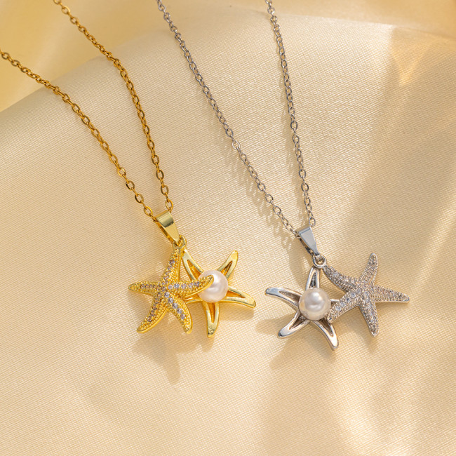 Dainty Elegant 18K Gold Plated Starfish Zircon Pendant Necklaces for Women Trendy Party Festival Casual Jewelry Gift