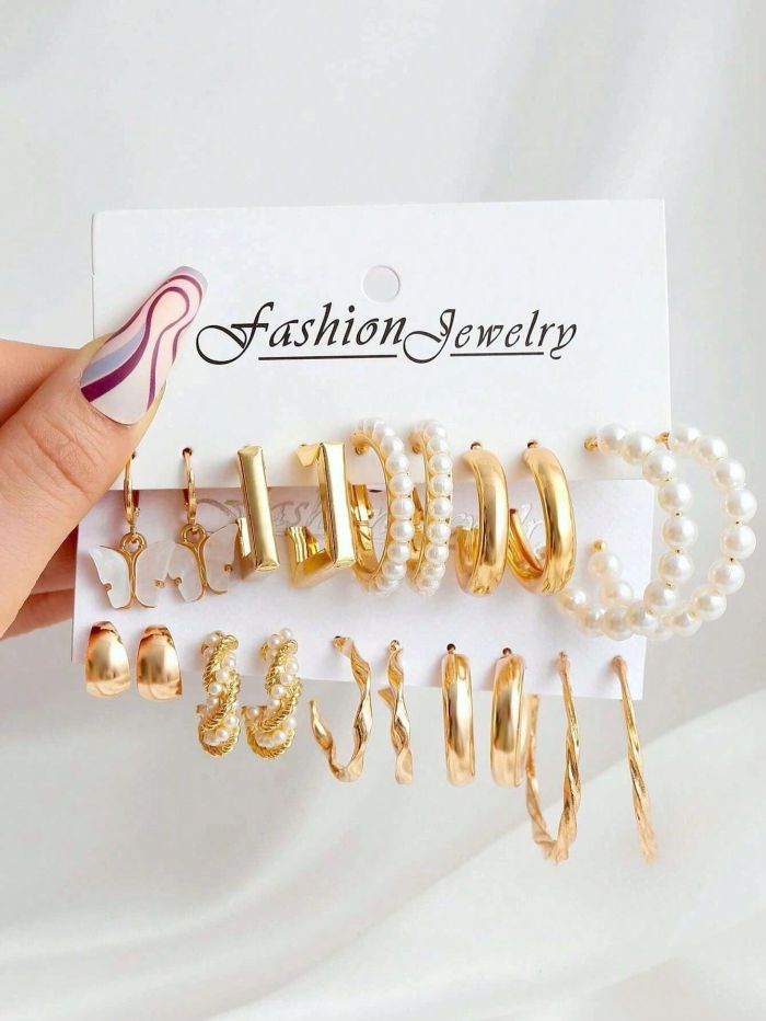 Vintage Geometry Pearl Earrings Set Metal Twine Square Dangle Earrings Round for Women Simple Trendy Party Jewelry, J...