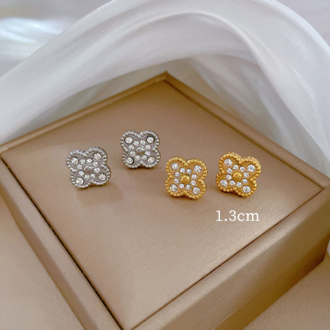 Classic Refined Full of Zircon Lucky Grass Stud Earring for Women Stylish Trendy Party Festival Casual Jewelry Gift