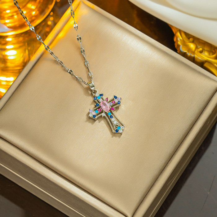 Chic Multi Color Zircon Cross Necklace for Women Gothic Jewelry Party Gift
