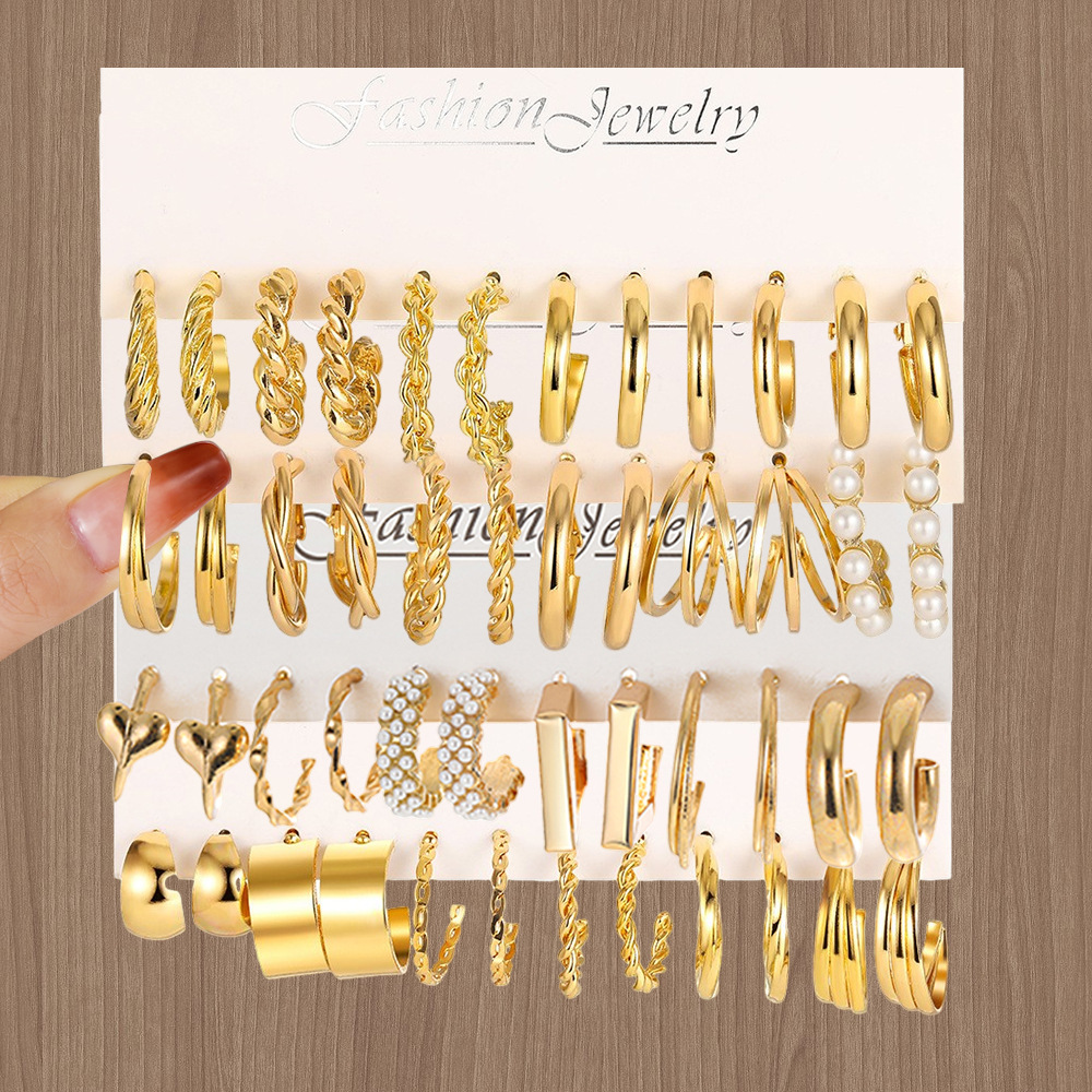 Gold Color Vintage Geometry Pearl Earrings Set For Women Simple Trendy Party Jewelry 216045253302