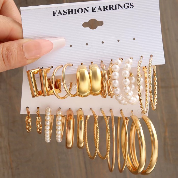Vintage Geometry Pearl Earrings Set Metal Twine Square Dangle Earrings Round for Women Simple Trendy Party Jewelry, J...
