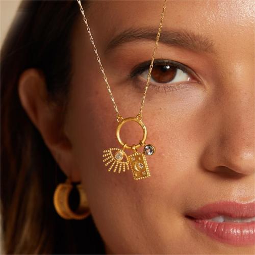 Elegant 18K Gold Plated Stainless Steel Sun Devil Eye Moon 12 Birthstones Pendant Necklace