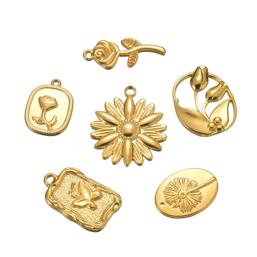 18k Gold Plated Rose Pendant Vintage Flowers Titanium Steel Accessories Pendant DIY Handmade Earrings Necklace