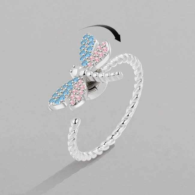 Three-dimensional Colorful Dragonfly Turning Anxiety Relief Open Ring Personalized Diamond Ring