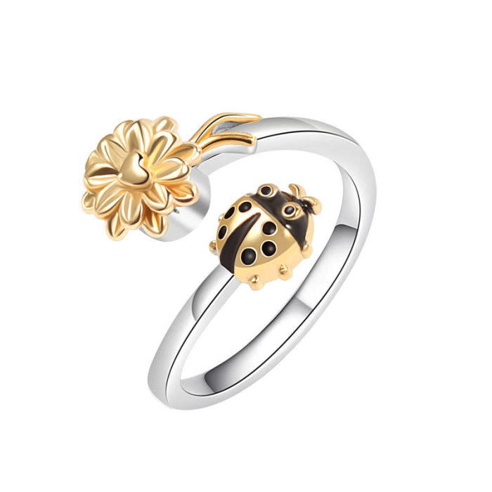 New Floral Seven-star Ladybug Rotatable Ring Girl Hand Jewelry Anti Stress Ring