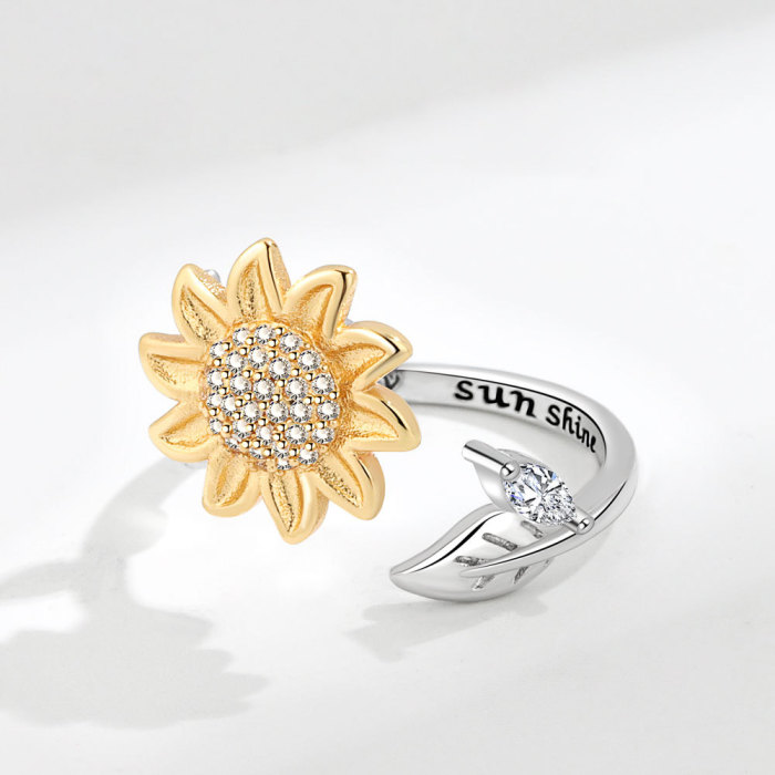 New Emo Rotate Freely Spinning Stainless Steel Anxiety Ring Fashion Sun Flower Ring for Girl Jewelry Gift