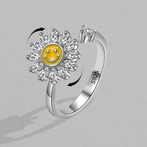 Hot Sale Spinning Ring Adjustable Anxiety Relief Open End Ring Sunflower Decompression Zirconia Ring
