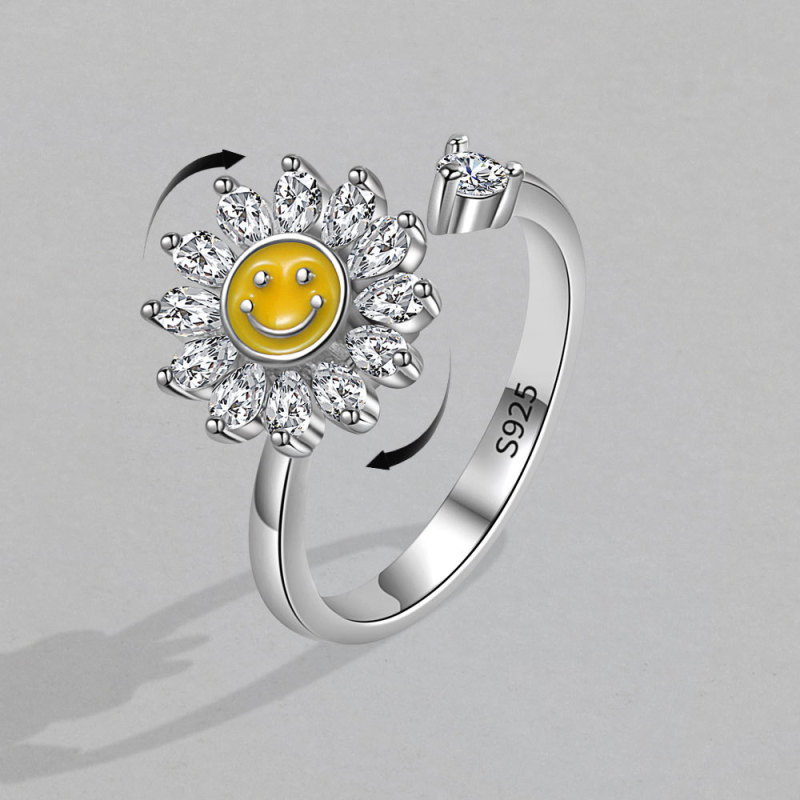 Hot Sale Spinning Ring Adjustable Anxiety Relief Open End Ring Sunflower Decompression Zirconia Ring