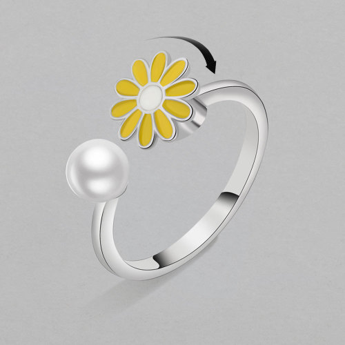 Rotatable Little Daisy Ring Peplum Flower Pearl Ring Anxiety Resistant Jewelry