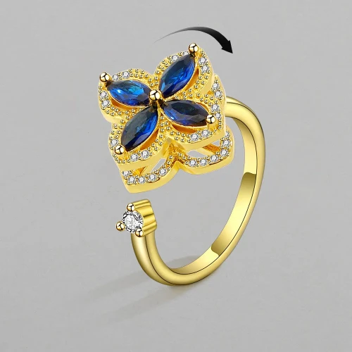Gold Plated Zircon Rotatable Four Leaf Clover Rings For Women Ring
