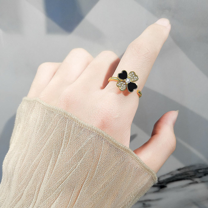 Rotate Heart Four Leaf Clover Rings for Women Anti Anxiety Open Adjustable Dripping Oil Rings Wedding Jewelry