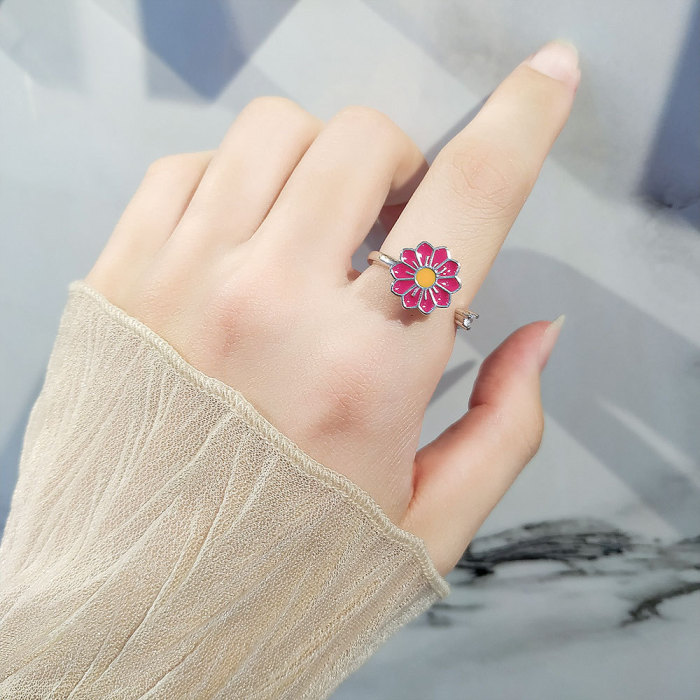 Anti Anxieties  Literary Flower Design Open Swivel Ring Women's Trendy Four Color Flower Design Ring