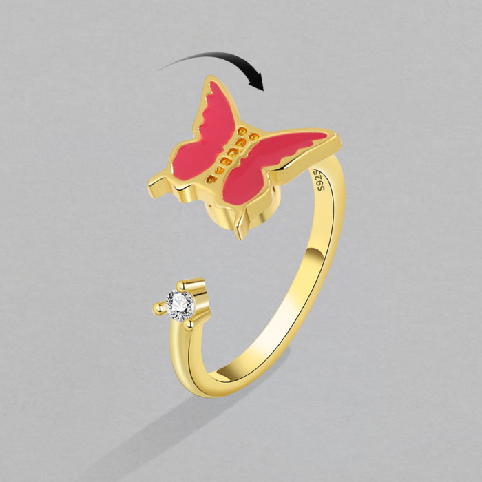 Red Elegant Butterfly Rings for Women Korean Trendy Inlaid Zircon Open Ring Sweet Girls Jewelry Gift