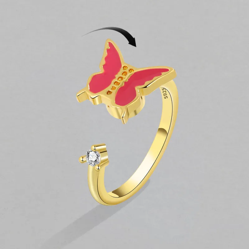 Red Elegant Butterfly Rings for Women Korean Trendy Inlaid Zircon Open Ring Sweet Girls Jewelry Gift