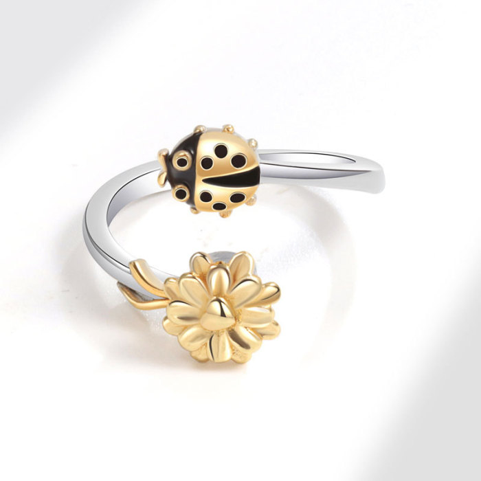 New Floral Seven-star Ladybug Rotatable Ring Girl Hand Jewelry Anti Stress Ring