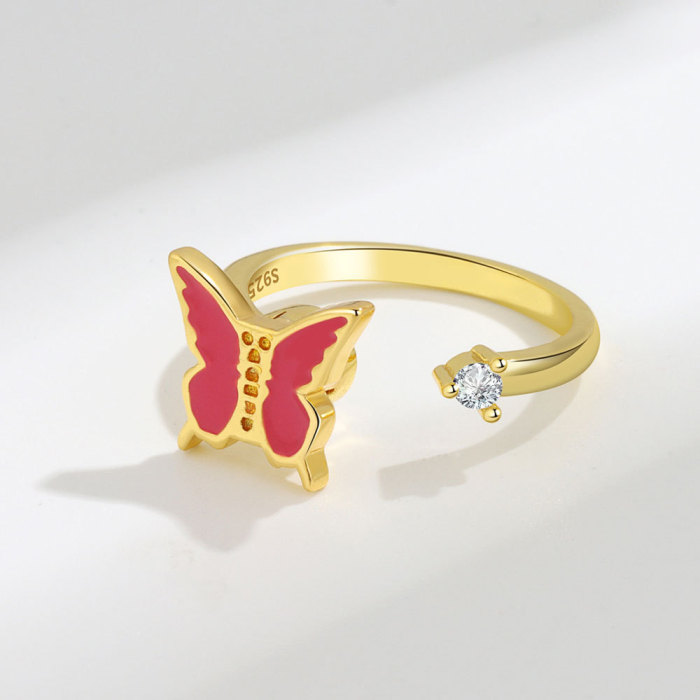 Red Elegant Butterfly Rings for Women Korean Trendy Inlaid Zircon Open Ring Sweet Girls Jewelry Gift