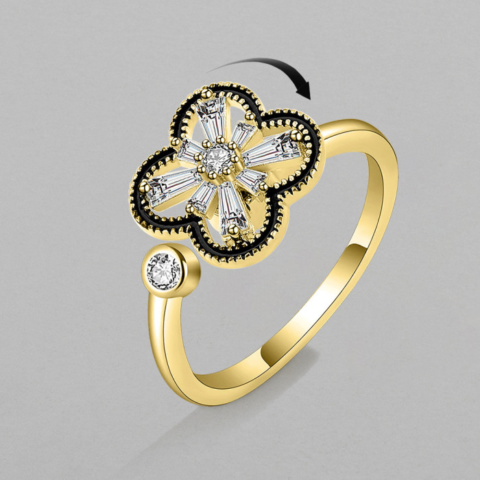 Four Leaf Clover Revolving Ring Women Copper Micro Inlaid Zircon Fashion Women Ring Index Finger Ring