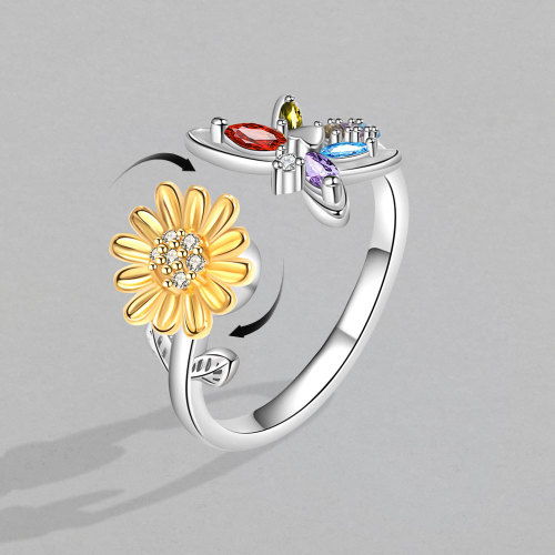 Fashion Fidget Spinner Ring Anxiety for Women Flower Rings Rotate Anti Stress Engagement jewelry