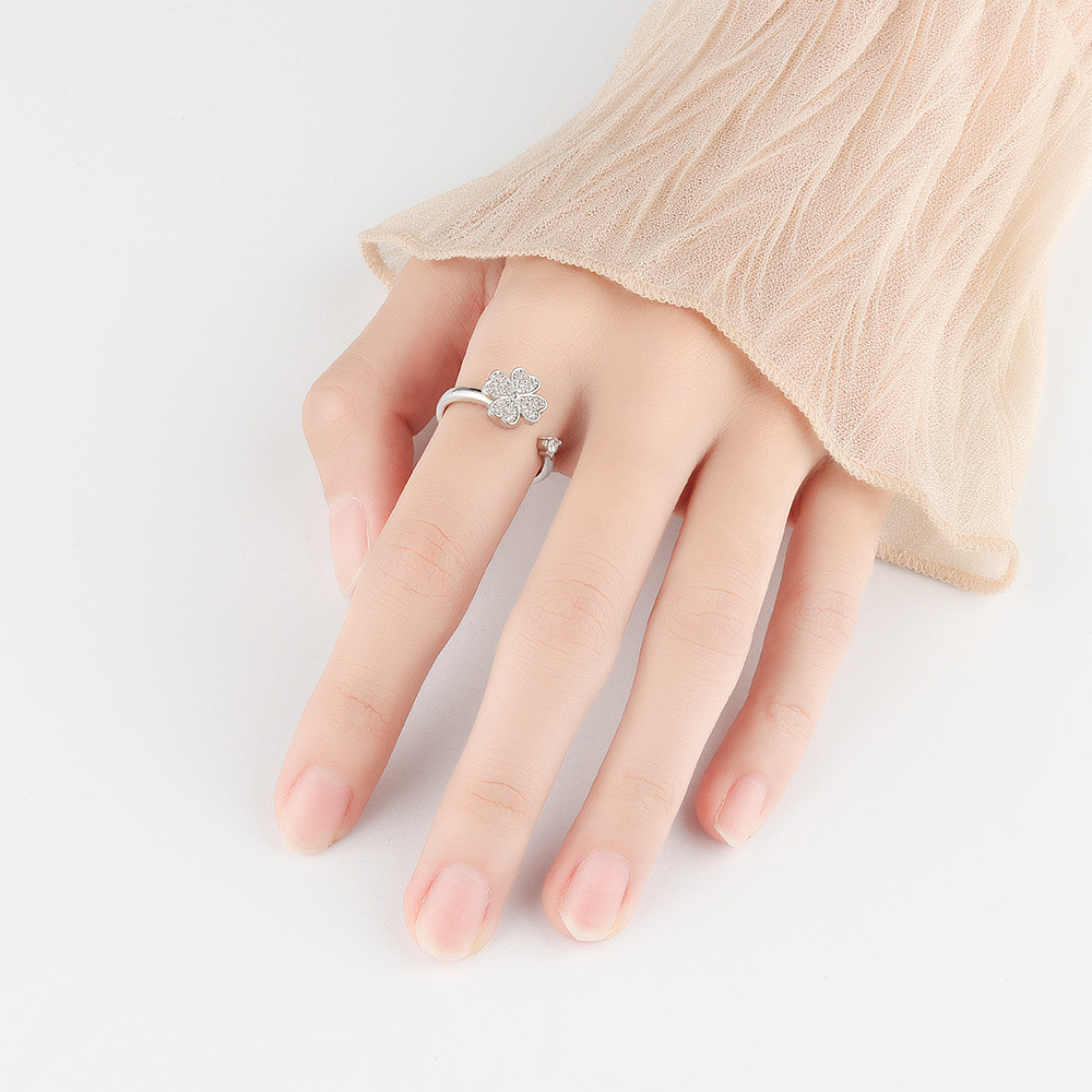 Korean Version Of Simple Wedding Ring Opening Four Leaf Clover Opening Adjustable Ring Female Inlaid Zircon Jewelry Couple Gift 216045215787