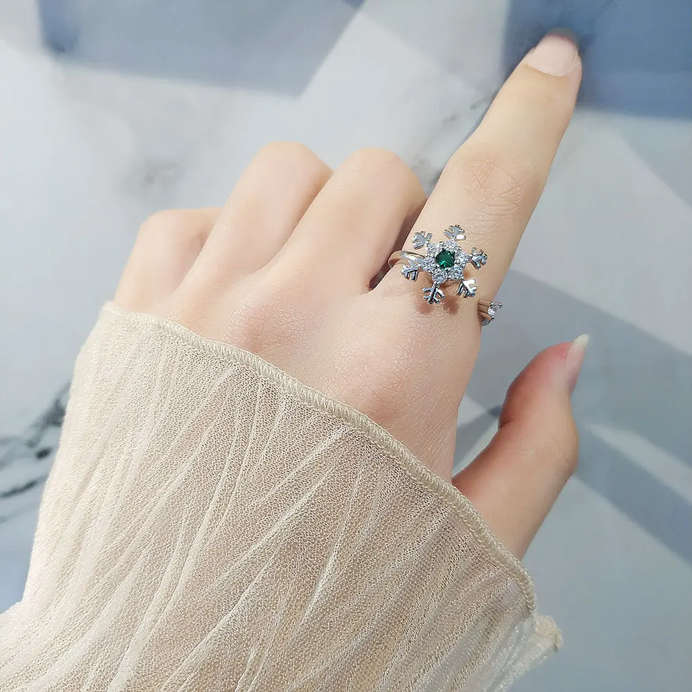 Adjusting Pressure Christmas Gift Zircon Snowflake Rotatable Reduce Pressure Resizable Opening Ring For Women 216045221445