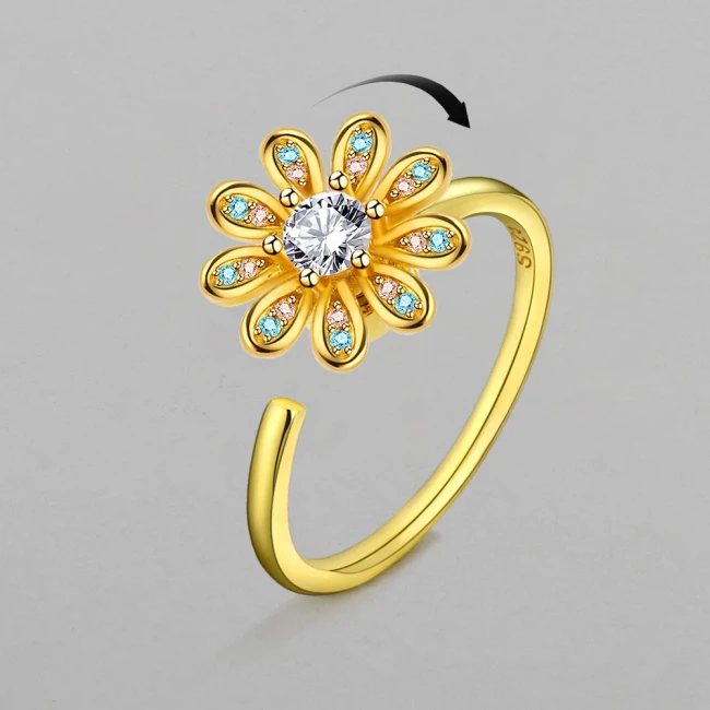 Zirconia Ring Spinning Sunflower Ring Women's Niche Design Turning Rings