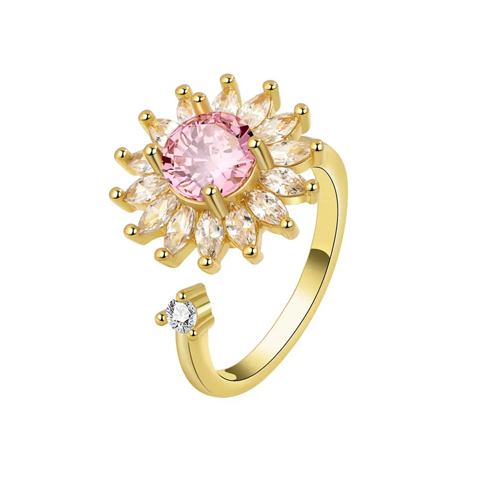 Fashion Pink Crystal Zircon Rings Sweet Elegant Flower Ring For Girl Women Finger Jewelry Bridal 216045210744
