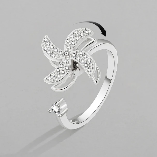 Fashion Double Layer Spinning Windmill Ring Anxiety Relief Trendy Retro Open Ring Jewelry Gifts