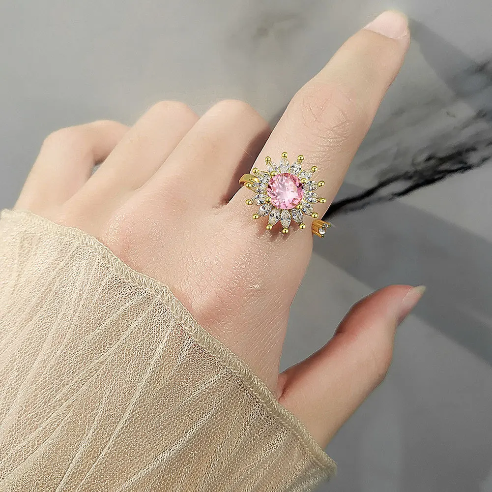 Fashion Pink Crystal Zircon Rings Sweet Elegant Flower Ring For Girl Women Finger Jewelry Bridal 216045210744